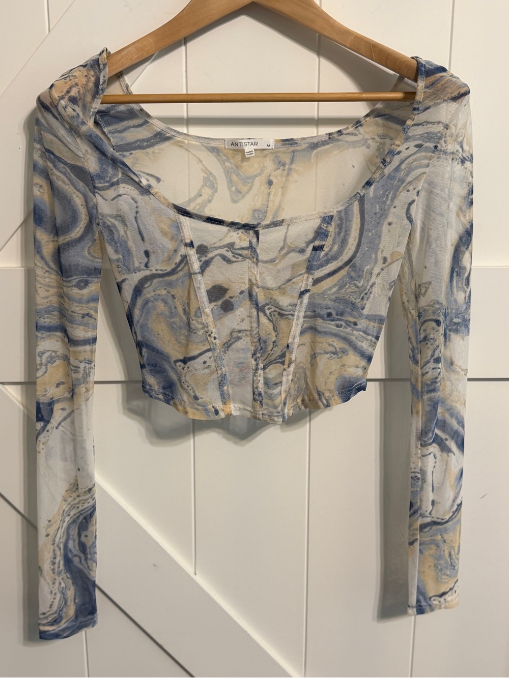 Antistar Women’s Medium Blue Marble Long Sleeve sheer tie dye Crop Top